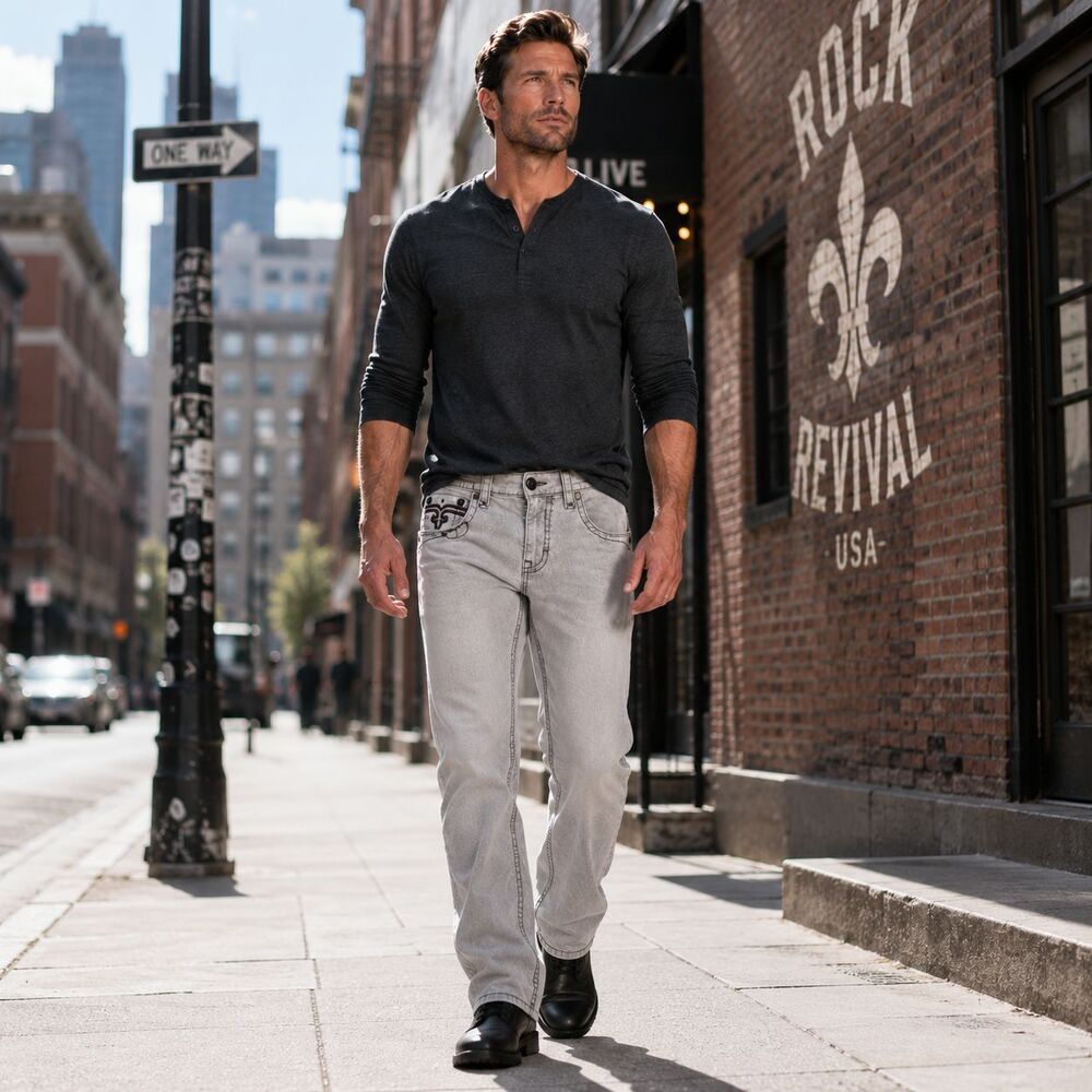 ROCK REVIVAL Men’s Straight Jeans 34x31 Embroidered Gray Rocker Biker EP062-EJ1L